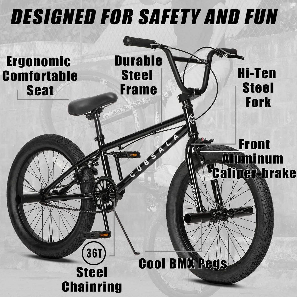 cubsala 20 Vélo BMX Freestyle pour enfants de 6 à 14 ans, garçons et filles, avec 4 cales, noir avec pneus rouges