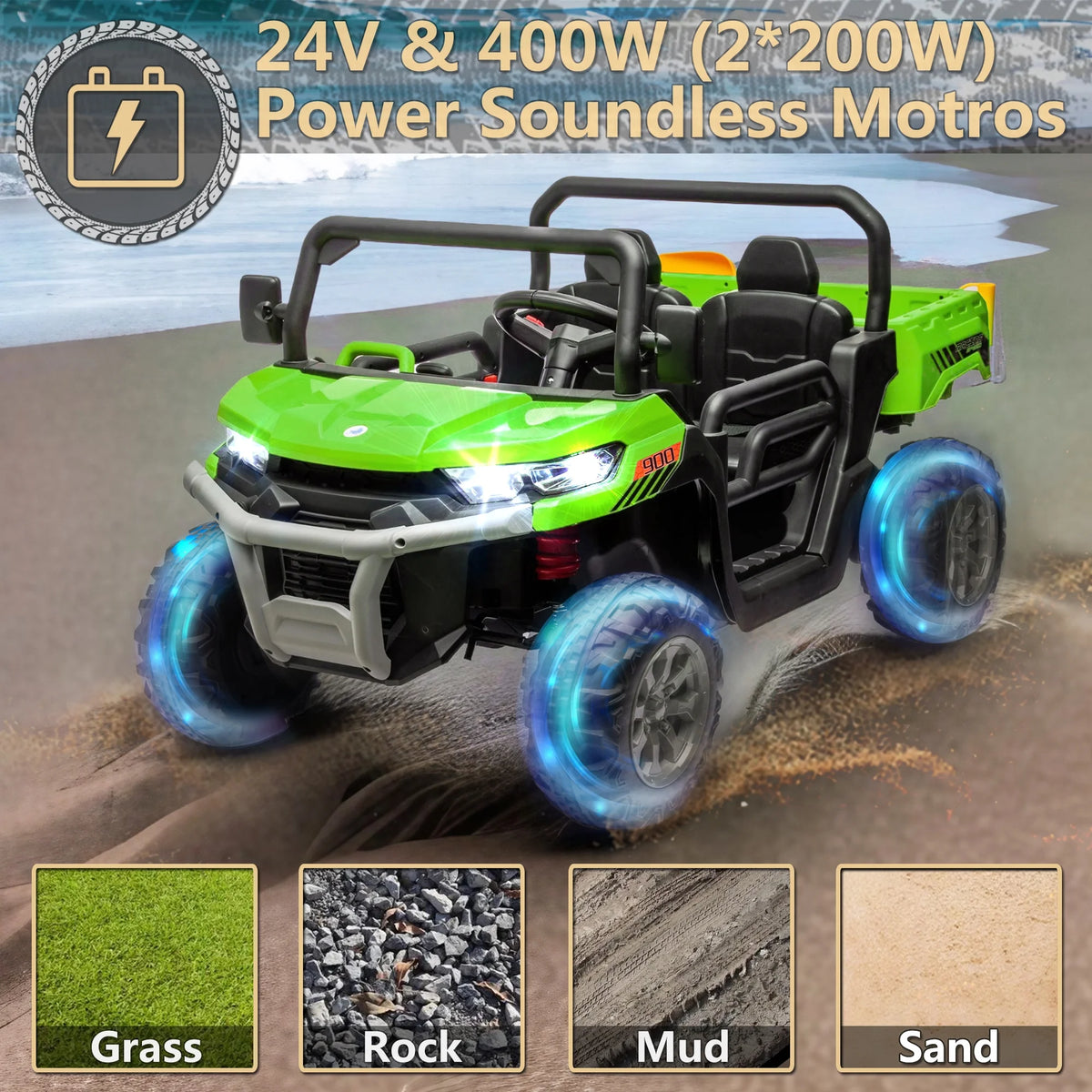 Xuanlur Voiture électrique pour enfants 24V 2 places, UTV avec moteur 2x200W, Jouet électrique 24 volts avec benne/pelle, Voiture électrique pour enfants avec pneus résistants, lumière LED, musique, télécommande, noire