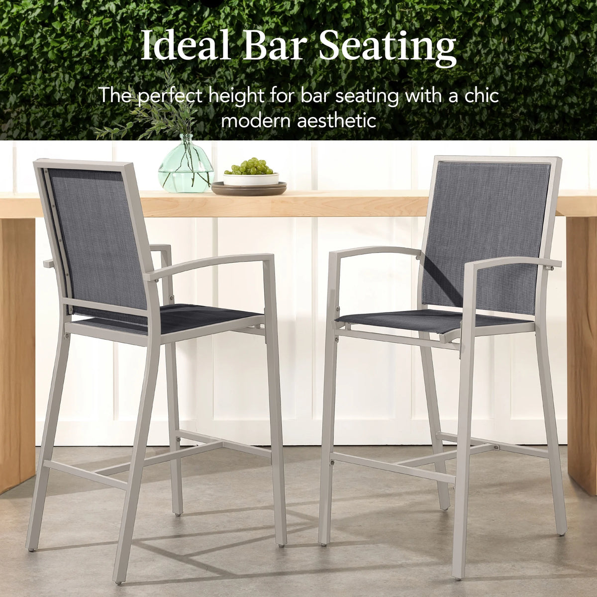 Best Choice Products Lot de 2 tabourets de bar d'extérieur, Chaises de patio hauteur bar avec maille toutes saisons - Noir/Noir
