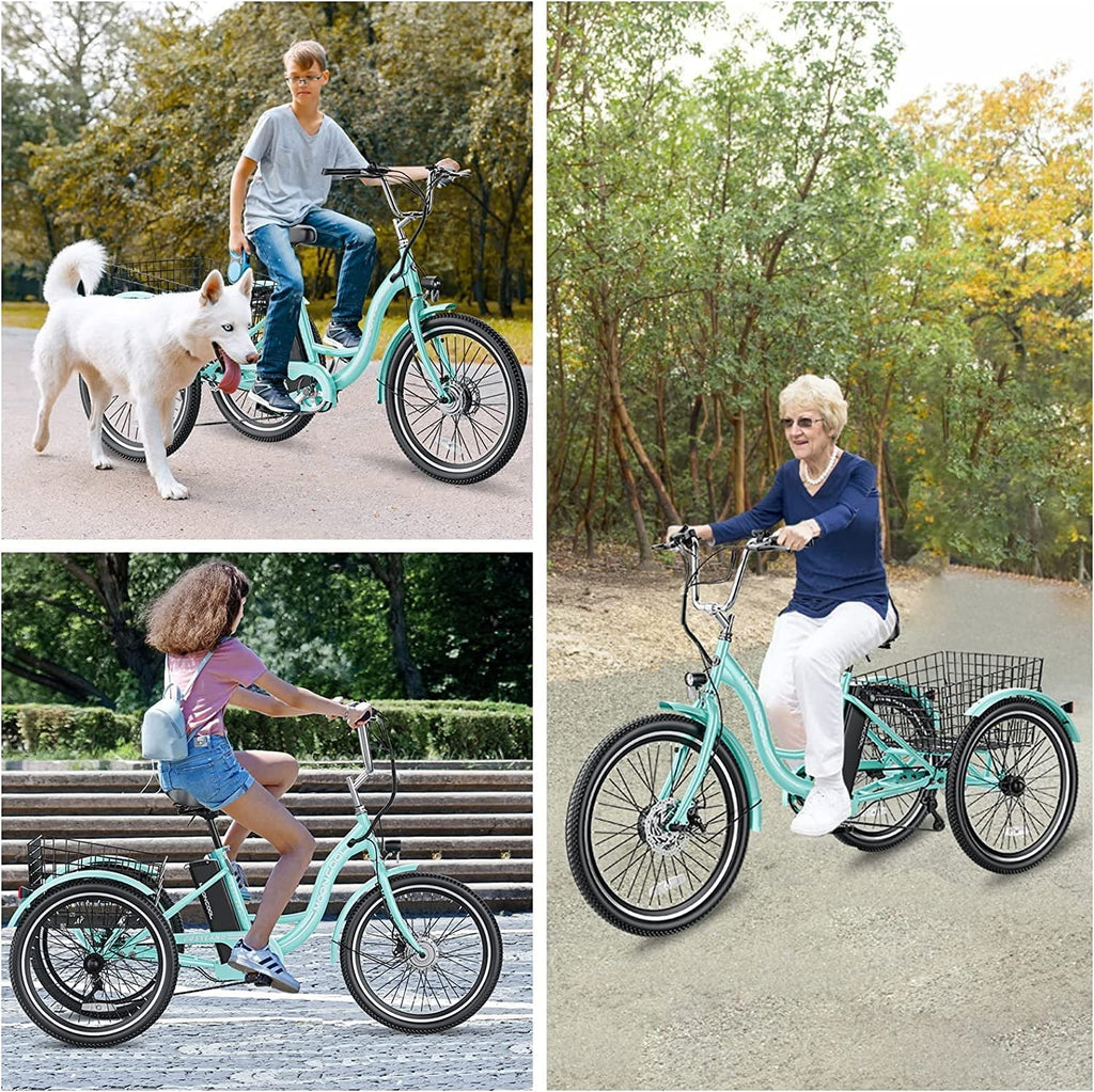Tricycle électrique ABORON 350W, 7 vitesses, 24/26 pouces, motorisé, 3 roues, pour adultes, avec batterie au lithium 36V 10Ah certifiée UL, panier arrière