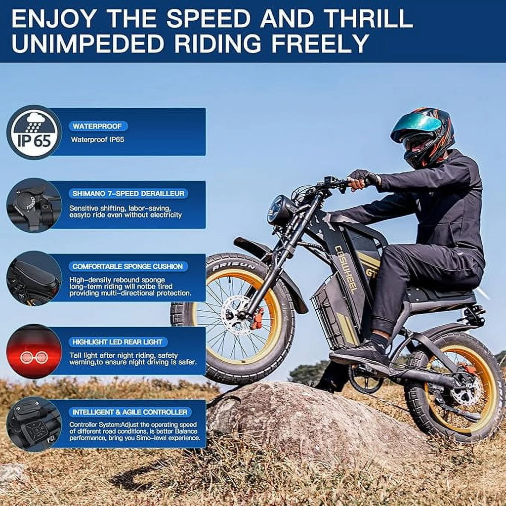 Vélo électrique COSWHE GT20 pour adultes, moto tout-terrain électrique avec moteur de 1 500 W, batterie amovible 48 V/25 Ah, jusqu’à 50 km/h et 149 km d’autonomie, moto électrique à 7 vitesses, vélo électrique pour adultes avec pneus larges 20 x 4,0