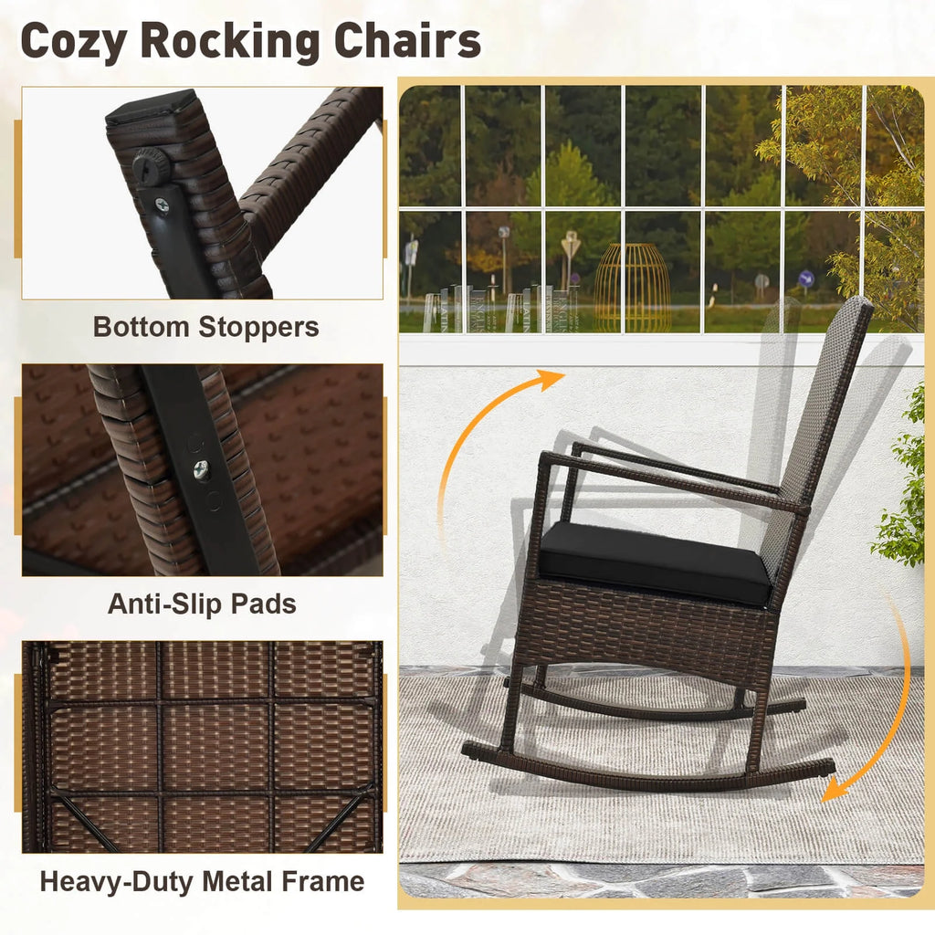 Costway Serenity Ensemble de patio 3 pièces avec fauteuils à bascule en résine tressée, coussins blancs et table basse à 2 niveaux