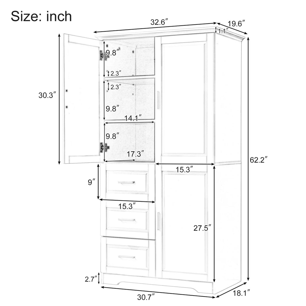 Armoire de salle de bain, meuble de rangement de 62,2 de haut avec portes et étagères, armoire à linge sur pied pour salle de bain, cuisine, salon, grise