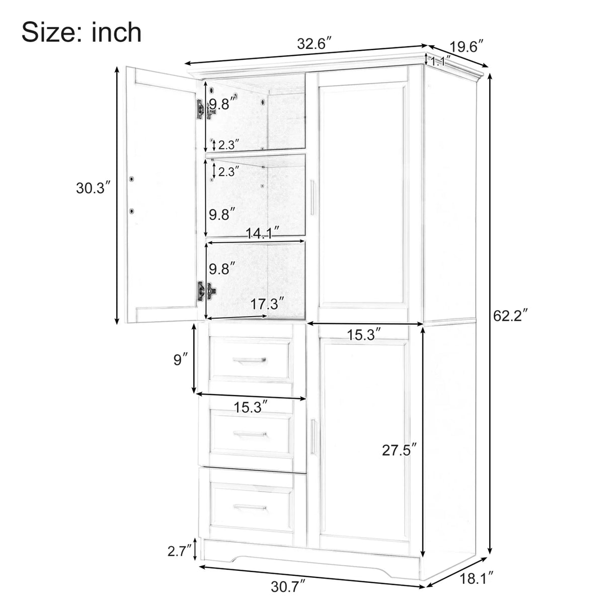 Armoire de salle de bain, meuble de rangement de 62,2 de haut avec portes et étagères, armoire à linge sur pied pour salle de bain, cuisine, salon, grise