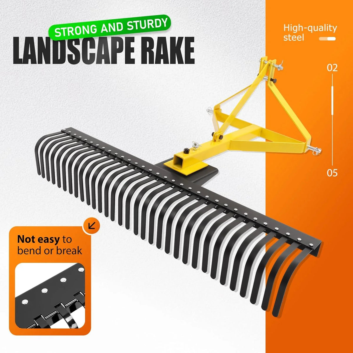 KOJEM Râteau paysage 60 po Râteau à 3 points Rotation à 360 degrés Compatible avec les tracteurs compacts Catégorie 1 Cat1 Outil de jardin remorqué pour jardin ferme Défrichage Râtelage de broussailles Arènes Lot de 2 Jaune