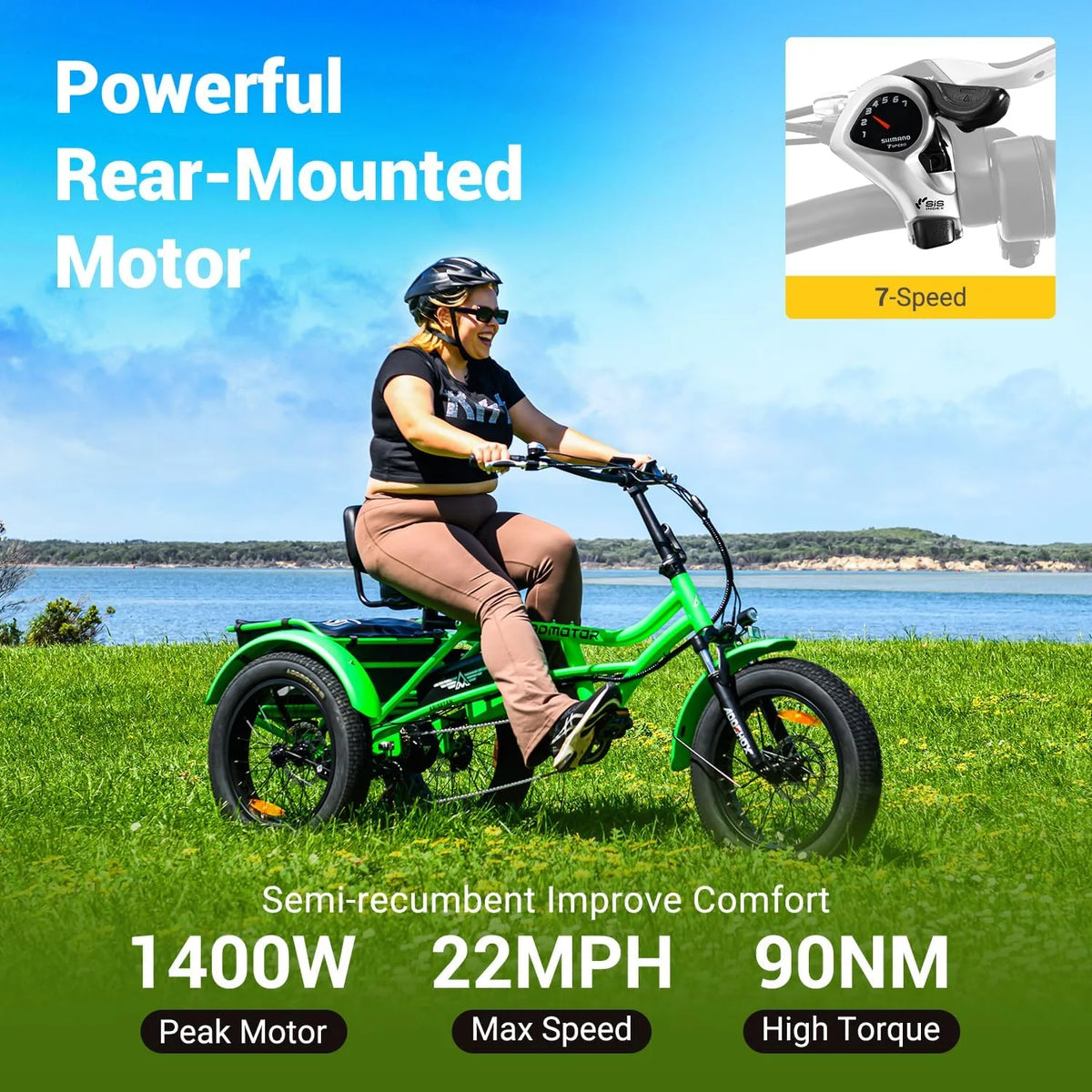 Tricycle électrique semi-allongé Addmotor M-360II, 85 mi, vélo électrique à 3 roues avec pneus larges pour adultes, tricycle électrique 750 W 48 V 20 Ah pour seniors, 20 pouces, avec différentiel de vitesse, vert