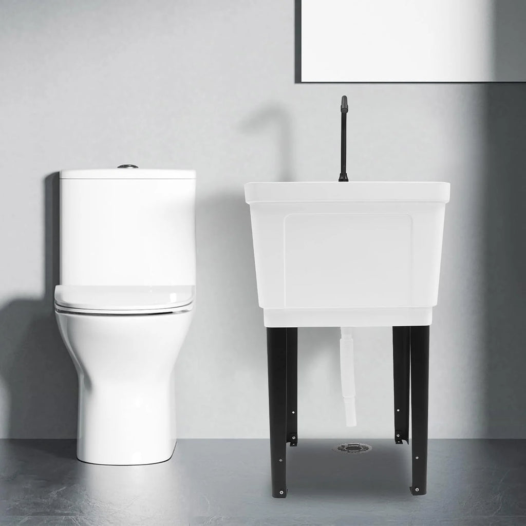Évier utilitaire sur pied, cuve de buanderie extra-profonde, évier utilitaire en plastique sur pied pour sous-sol, buanderie, garage ou atelier (Blanc)
