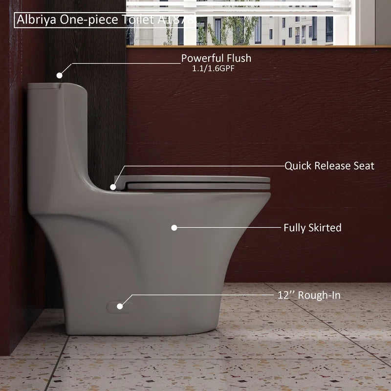 Toilettes modernes à une pièce Albriya A1878, toilettes de salle de bain standard à double chasse d’eau 1,1/1,6 GPF avec siège confortable, hauteur conforme à l’ADA, 16 1/2 po ? 12 po ? Entraxe, MaP 1000 g, blanc brillant