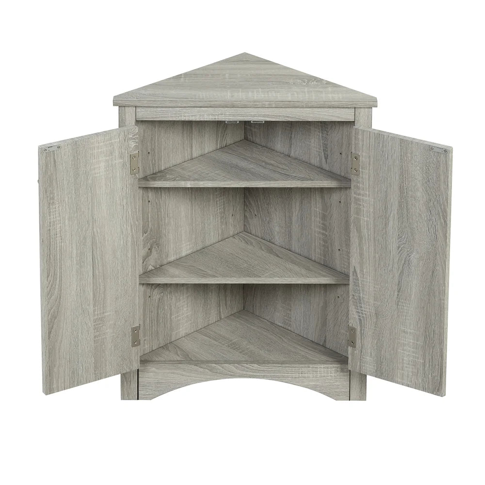Meuble d’angle de sol avec étagères réglables et deux portes, meuble de rangement triangulaire pour salle de bains, meuble de sol autoportant de style moderne pour cuisine, salon et entrée, chêne