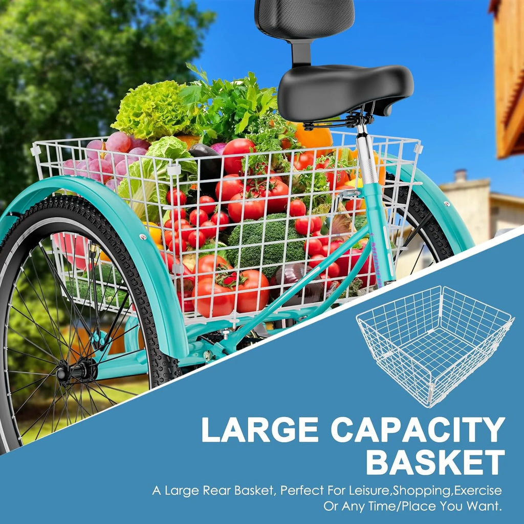 Tricycles pour adultes MOONCOOL avec panier arrière et pompe à pied, vélos à 3 roues 7 vitesses de 24 et 26 pouces, vélo à trois roues pour adultes avec dossier pour seniors, femmes et hommes