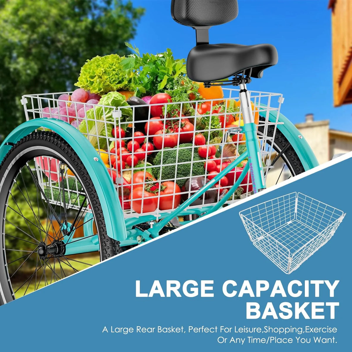 Tricycles pour adultes MOONCOOL avec panier arrière et pompe à pied, vélos à 3 roues 7 vitesses de 24 et 26 pouces, vélo à trois roues pour adultes avec dossier pour seniors, femmes et hommes