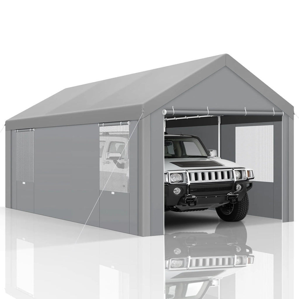 COBIZI Carport 10'x20' Grande tente pour voiture robuste avec structure en acier thermolaqué, garage portable avec parois latérales et portes amovibles, auvent pour voiture avec bâche toutes saisons pour fête en plein air, anniversaire, gris