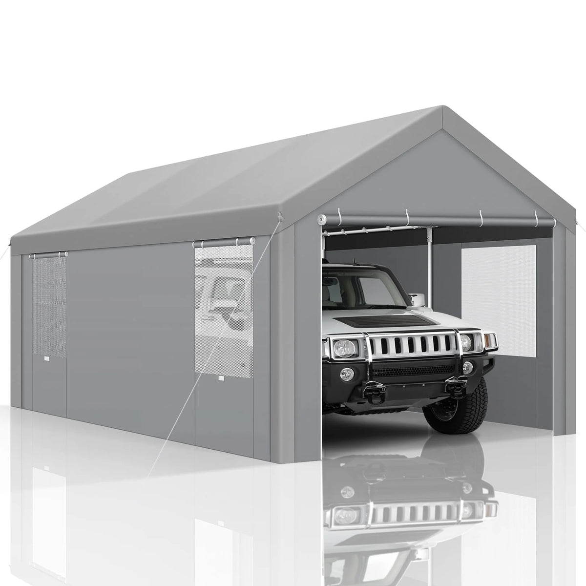 COBIZI Carport 10'x20' Grande tente pour voiture robuste avec structure en acier thermolaqué, garage portable avec parois latérales et portes amovibles, auvent pour voiture avec bâche toutes saisons pour fête en plein air, anniversaire, gris