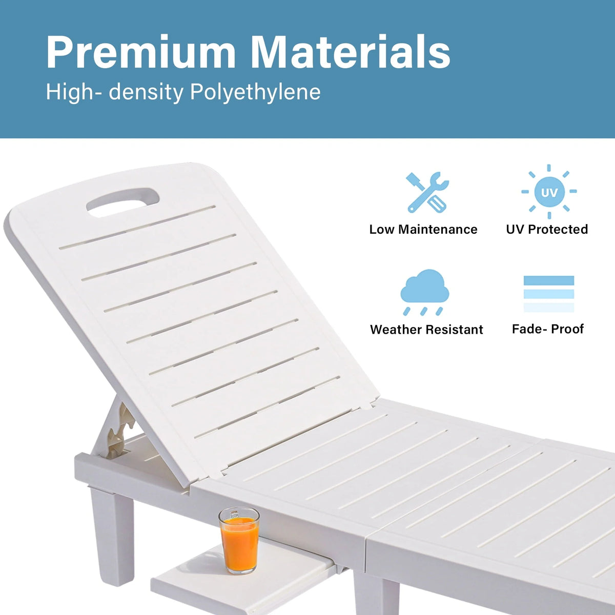 Lot de 2 fauteuils de jardin, chaise longue réglable avec table d’appoint, fauteuil inclinable d’extérieur pour bord de piscine, terrasse et jardin, design effet bois | Imperméable | Facile à monter | Poids max. 330 lb Blanc