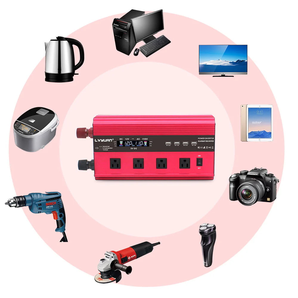LVYUAN Onduleur de courant à onde sinusoïdale modifiée 3000 Watts 6000 Watts CC 12V vers CA 110V 120V Convertisseur pour voiture 4 ports USB 4 prises CA Télécommande