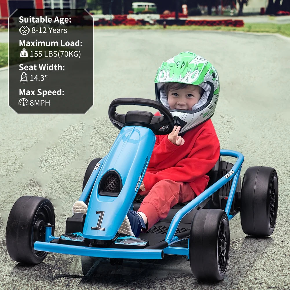 Kart Simzone pour enfants, batterie 24 V, 2 moteurs de 300 W, pédalage au pied, vitesse de 8 mi/h, voiture de dérapage à grande vitesse avec démarrage progressif, musique, pneus robustes et résistants, bleu