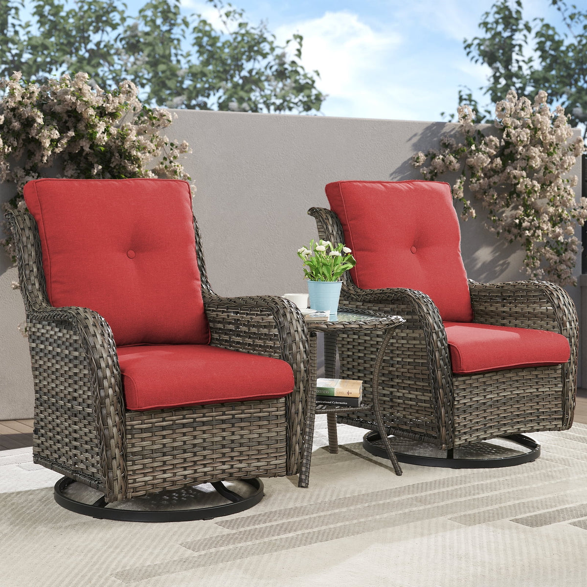 POCASSY Salon de Jardin 3 Pièces en Rotin Tressé Fauteuils Berçants et Pivotants avec Coussins