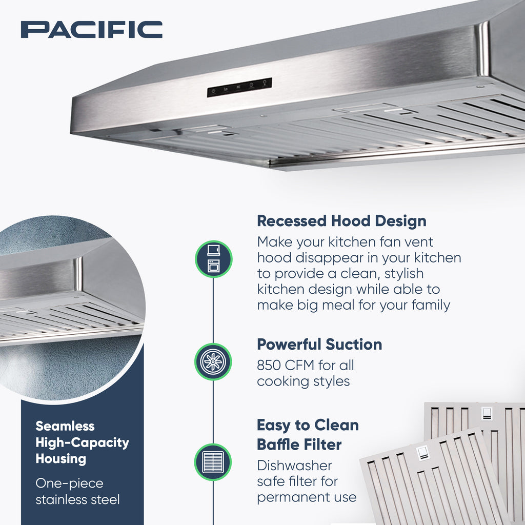 Hotte de cuisine gainable sous meuble Pacific Economy Pro 30 pouces - 850 CFM, puissante, 3 vitesses - Électrique en acier inoxydable - Ultra silencieuse, commande tactile en verre, éclairage LED 6 W PR6830AS