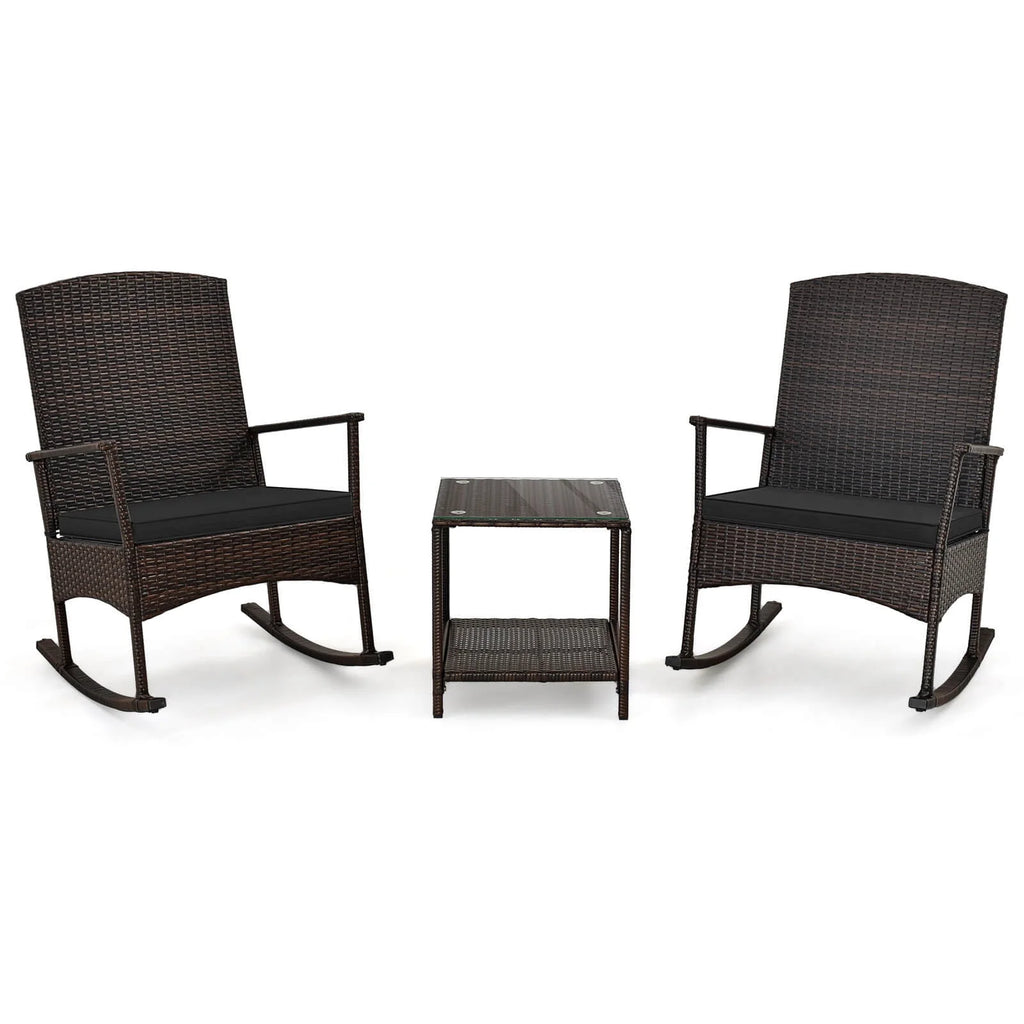 Costway Serenity Ensemble de patio 3 pièces avec fauteuils à bascule en résine tressée, coussins blancs et table basse à 2 niveaux