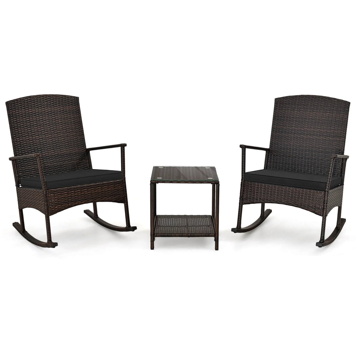 Costway Serenity Ensemble de patio 3 pièces avec fauteuils à bascule en résine tressée, coussins blancs et table basse à 2 niveaux