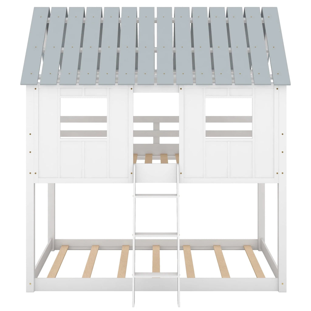 Lit superposé bas Euroco avec deux lits simples, toit et barrière de sécurité pour chambre d’enfant, blanc