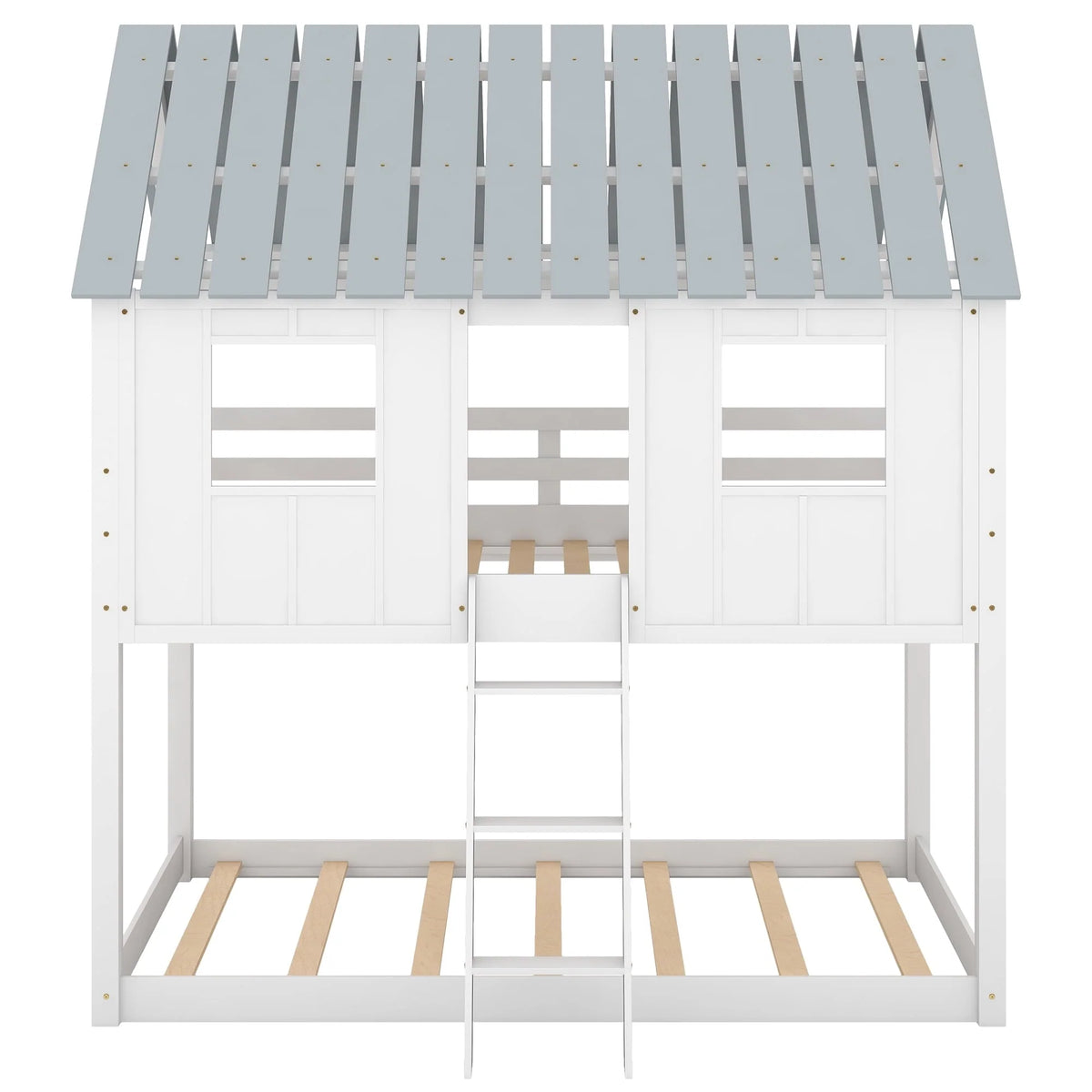 Lit superposé bas Euroco avec deux lits simples, toit et barrière de sécurité pour chambre d’enfant, blanc