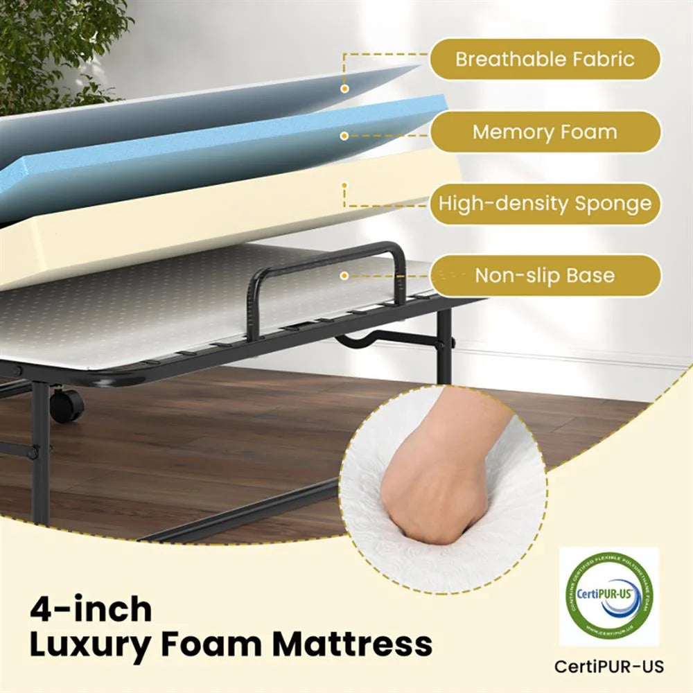 Lit pliant 1 place Kepooman avec matelas en mousse à mémoire de forme et cadre en métal robuste