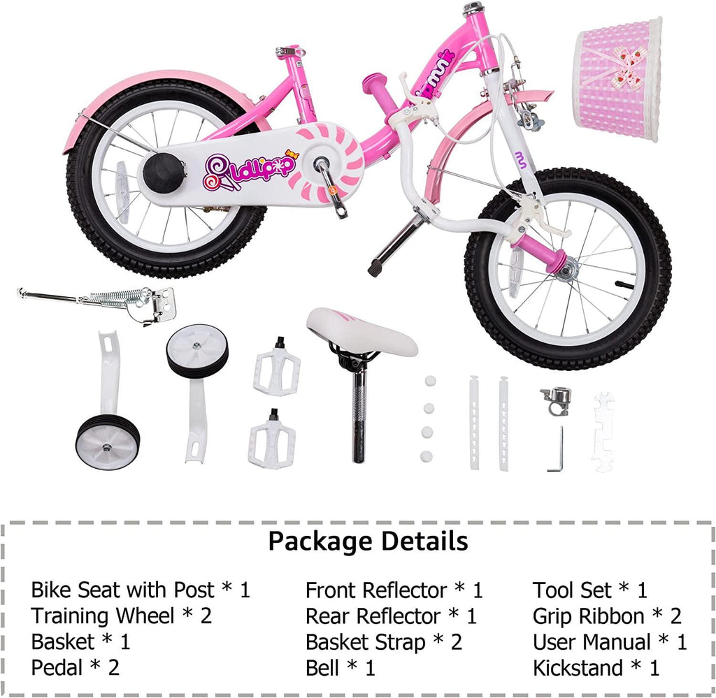 Vélo pour fille RoyalBaby Chipmunk avec panier et roues d’apprentissage, 14 pouces, rose sucette