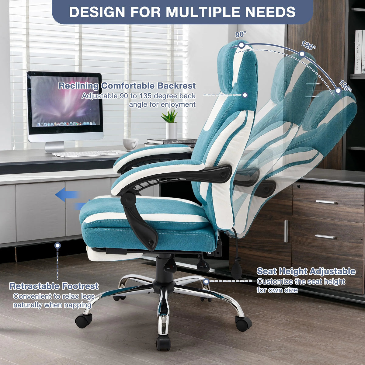 JONPONY Fauteuil de bureau Grande Taille 400lbs, Fauteuils de bureau de direction inclinables avec repose-pieds, Fauteuil de bureau à domicile à dossier haut Accoudoirs épais, Support lombaire ergonomique réglable, RoseBlanc