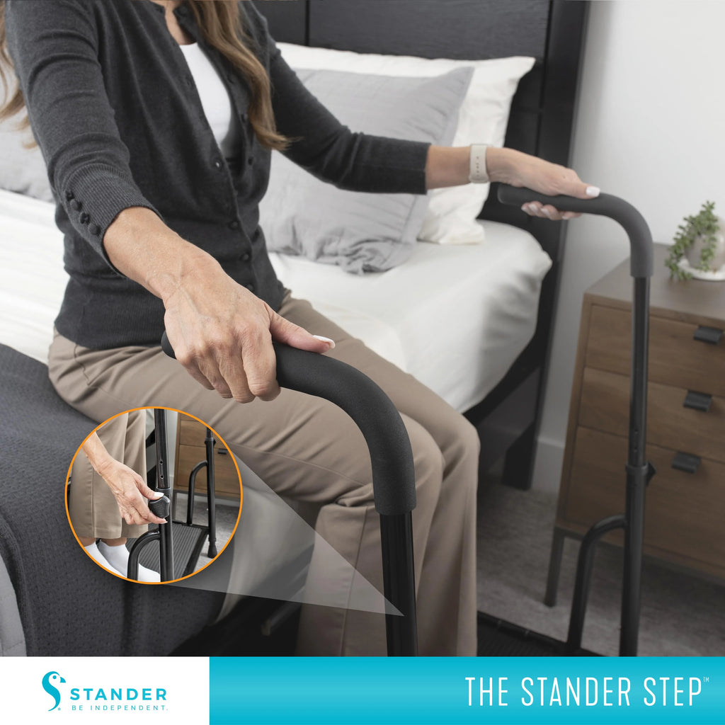Marchepied Stander, marchepied de lit avec rampes d'appui réglables pour personnes âgées, marchepied extra large robuste, marchepied avec barres d'appui et lumière à détection de mouvement, blanc