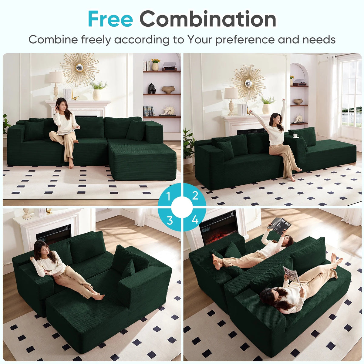 Canapé d’angle ZAFLY 106 Cloud avec méridienne, sans assemblage, canapé-lit en L, canapé modulable surdimensionné à assise profonde pour salon – droite, noir