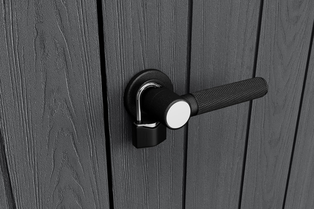 Abri de jardin vertical durable en résine Keter Cortina Alto avec plancher robuste et doubles portes verrouillables, graphite