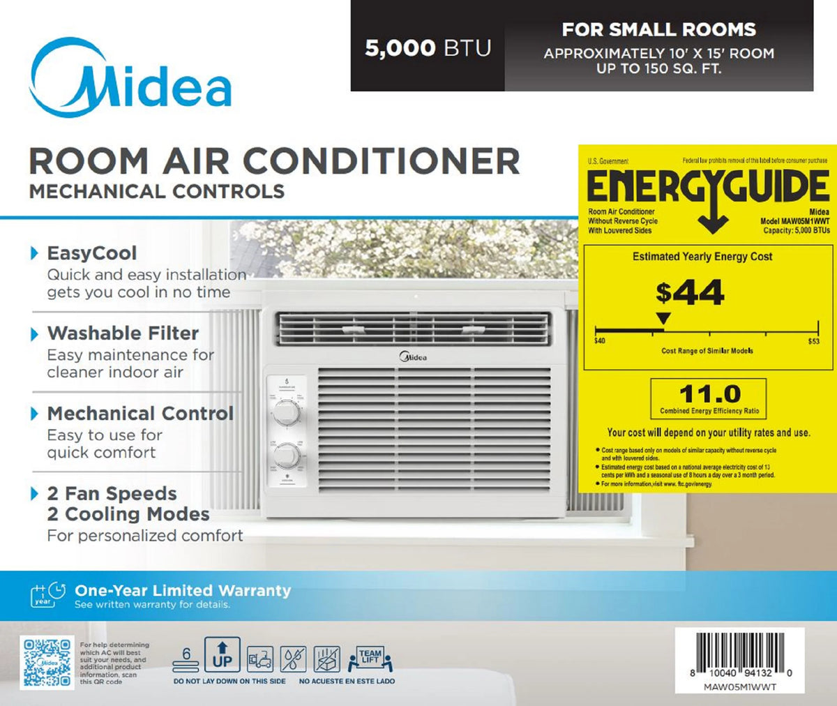 Climatiseur de fenêtre mécanique Midea 5 000 BTU pour 150 pi², blanc, MAW05M1WWT, neuf
