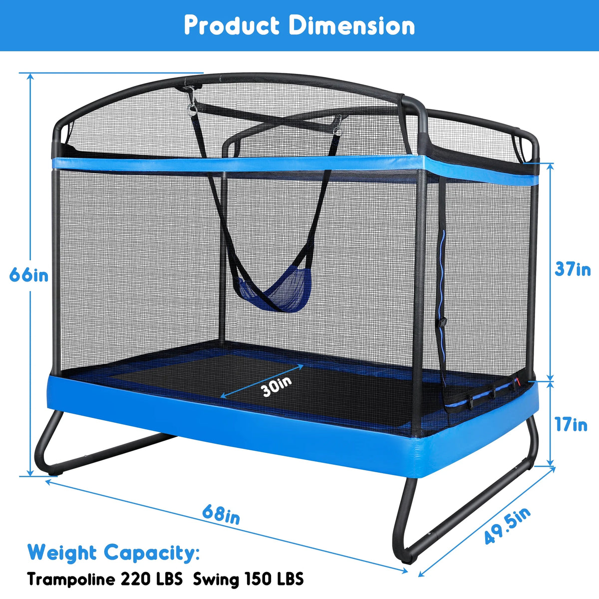 GIKPAL Trampoline pour enfants 3-en-1 avec balançoire, trampoline rectangulaire de 6 pieds pour tout-petits, intérieur/extérieur pour les 3 à 8 ans, tapis de saut robuste pour jouer dans le jardin, bleu