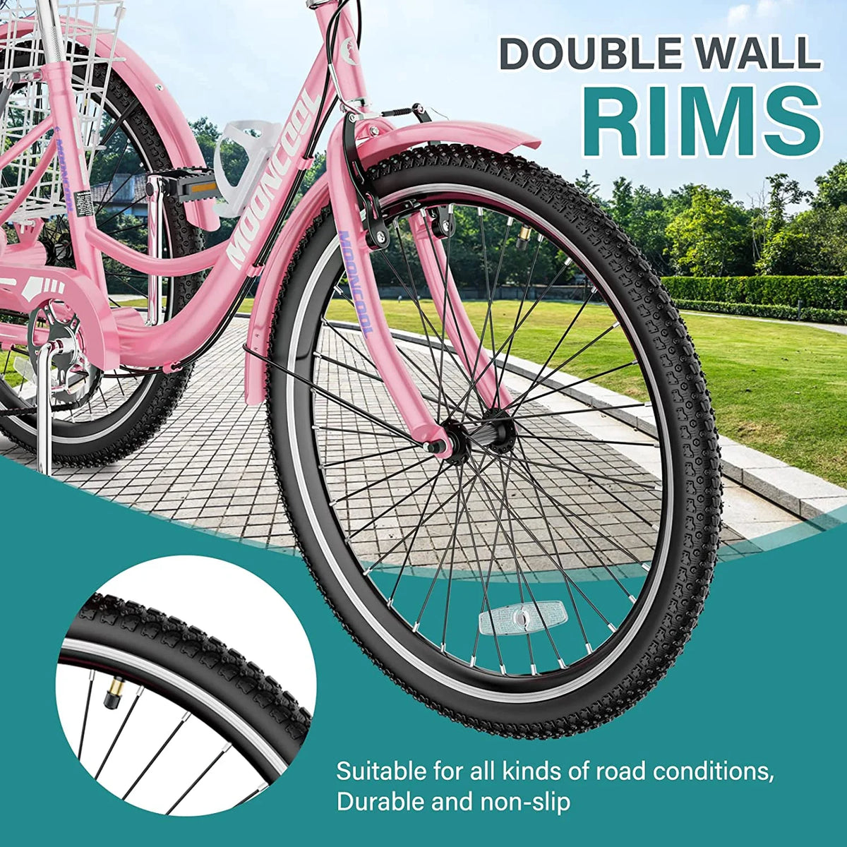 Tricycles pour adultes MOONCOOL avec panier arrière et pompe à pied, vélos à 3 roues 7 vitesses de 24 et 26 pouces, vélo à trois roues pour adultes avec dossier pour seniors, femmes et hommes