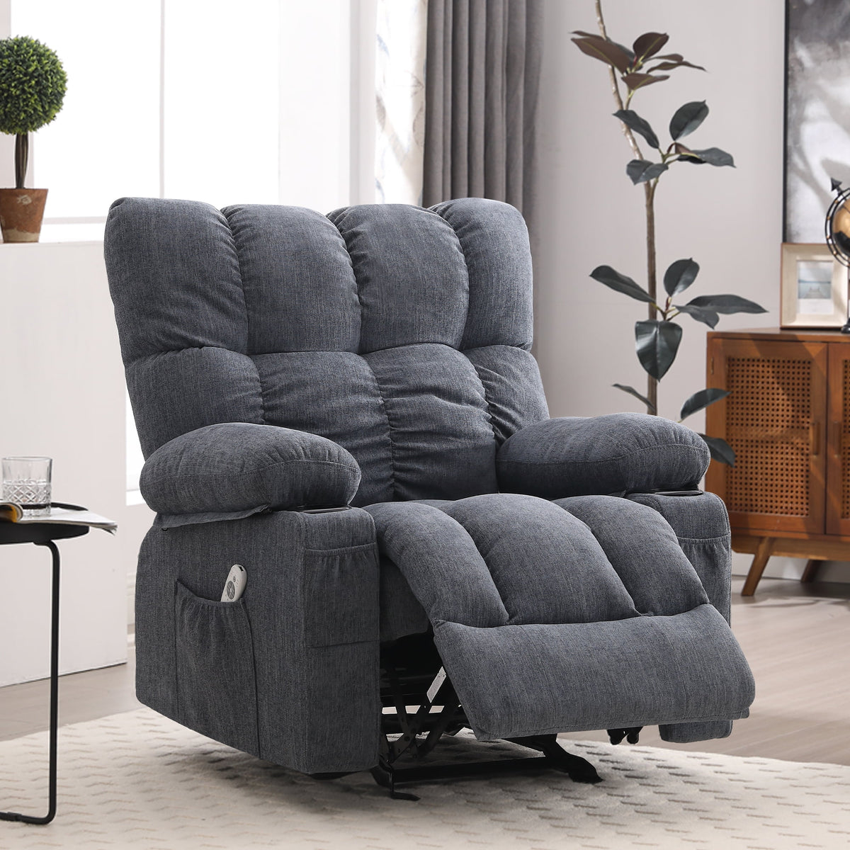 Fauteuil inclinable manuel JONPONY avec fonction de massage et de chauffage, mécanisme d’inclinaison robuste, fauteuil à bascule individuel pour personnes âgées avec porte-gobelets, pour chambre et salle de cinéma maison, gris