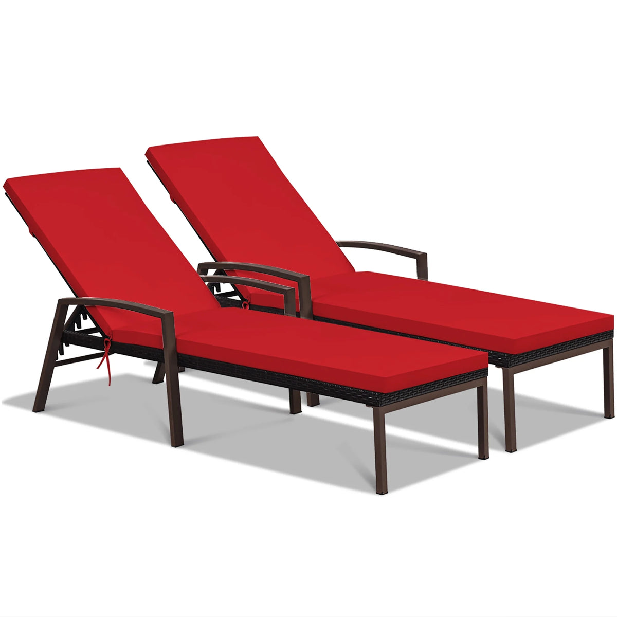 Costway Lot de 2 chaises longues de jardin en rotin, inclinables avec dossier réglable et coussinés, rouges
