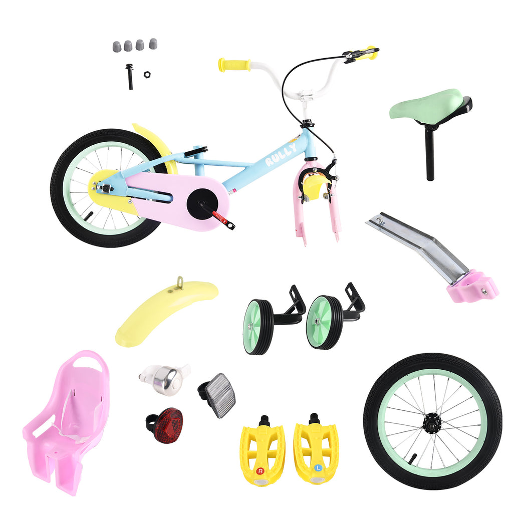 Vélo enfant RULLY 14 pour filles de 3, 4 et 5 ans mesurant 89 à 119 cm, vélo pour petite fille avec roues d’apprentissage, siège pour poupée et frein à pédales, vélo arc-en-ciel, couleurs pastel