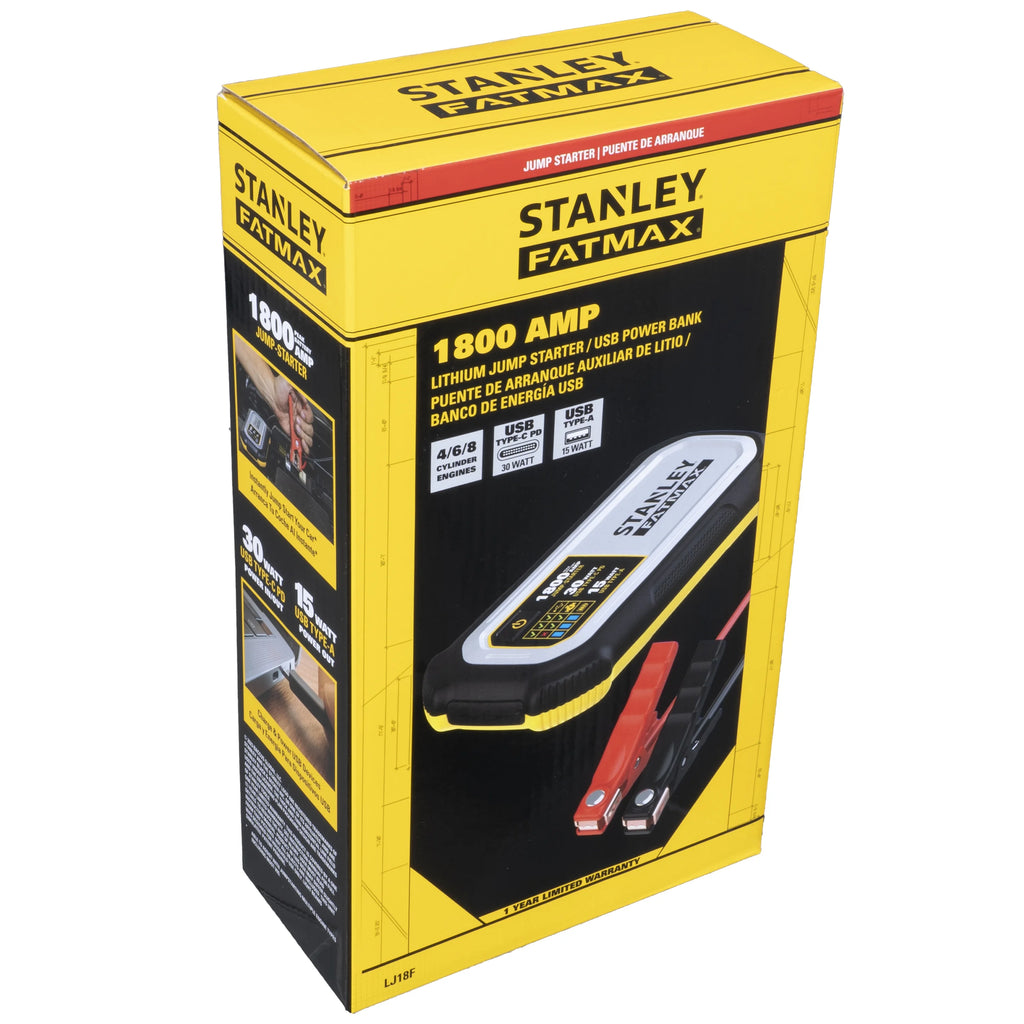 Booster de batterie au lithium Stanley FatMax 1800A avec entrée/sortie USB-C PD 30W et sortie USB-A 15W, pinces incluses