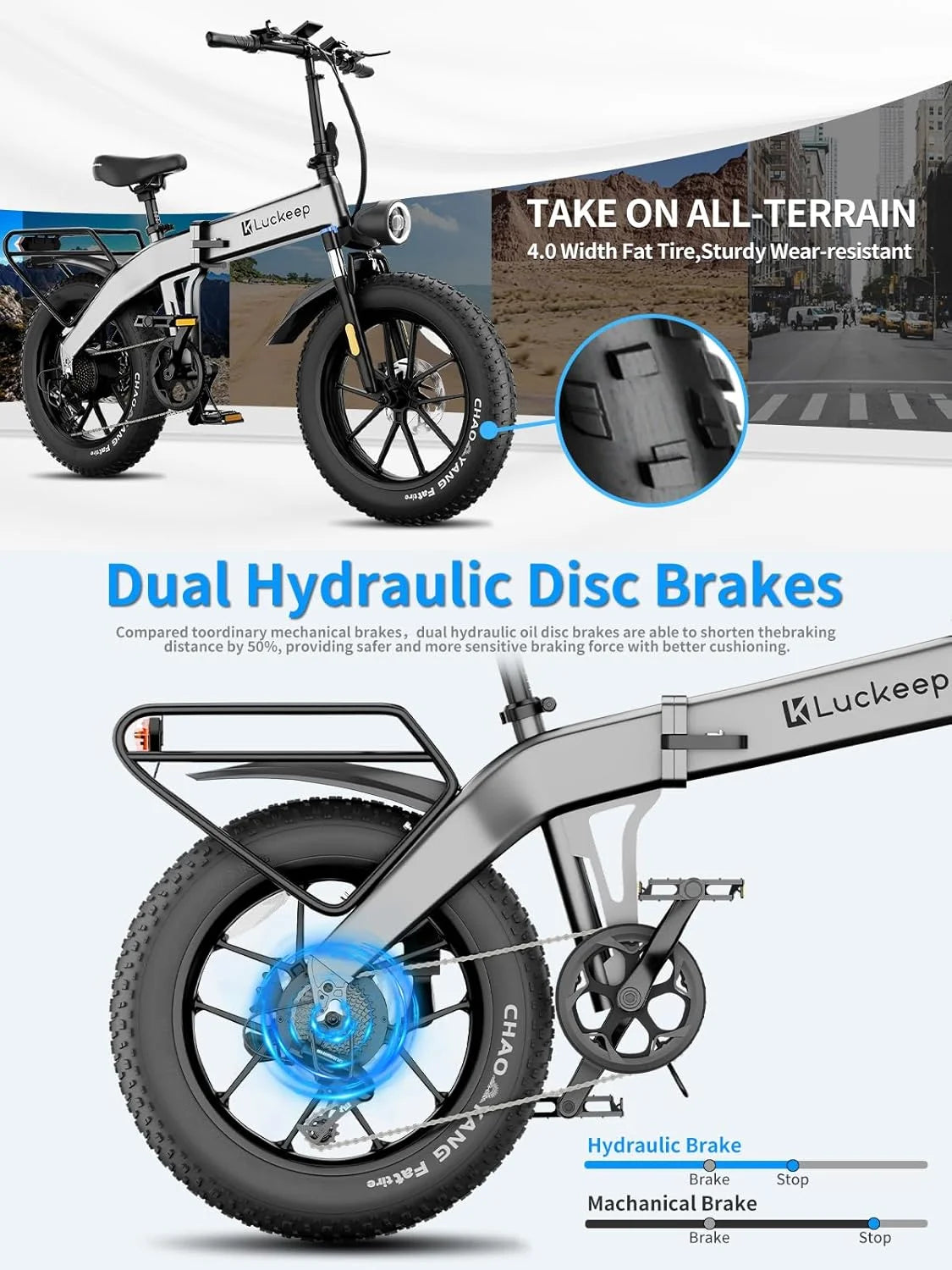 Vélo électrique pliable Luckeep X1 Lite pour adultes, moteur de 1 500 W en crête, batterie amovible de 720 Wh, autonomie de 60 mi à 28 mi/h, vélo électrique tout-terrain à pneus larges 20 × 4 avec suspension avant, vélo électrique de montagne