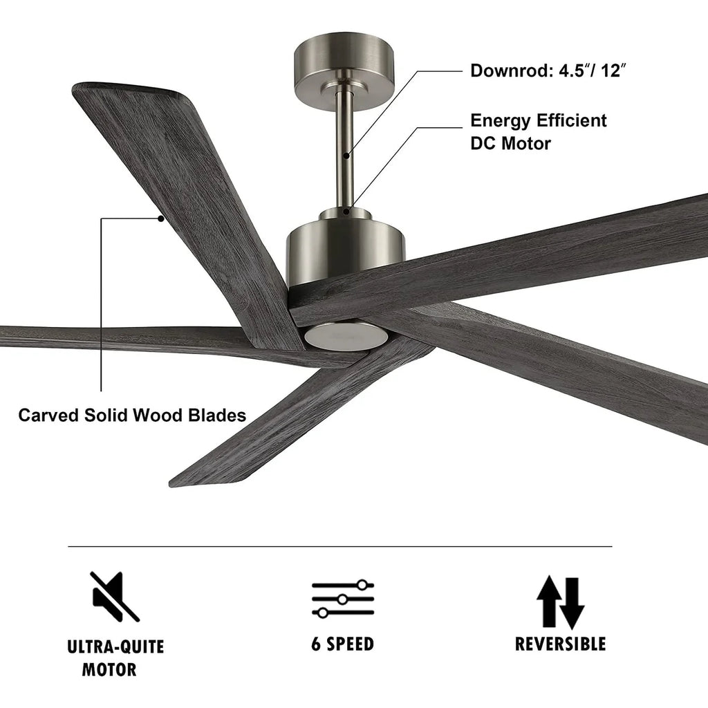 Ventilateur de plafond WINGBO 54 pouces à courant continu avec éclairage et télécommande, 5 pales réversibles en bois sculpté, laiton/noir