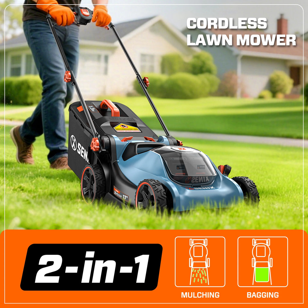 Tondeuse à gazon sans fil SENIX 40V à moteur sans balais, plateau de 18 po, lame de coupe de 17 po, fonction 2-en-1 broyage et ramassage, réglage en 6 positions, LPPX2-M5