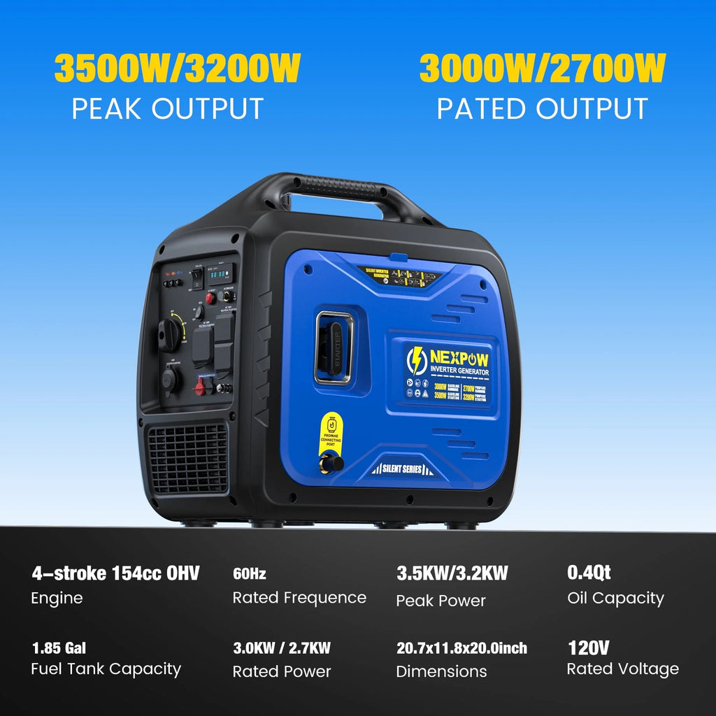 Génératrice portable avec onduleur NEXPOW 3000 W, légère et à essence, pour alimentation de secours à la maison et au camping, mode éco, couplage en parallèle, protection contre les surcharges