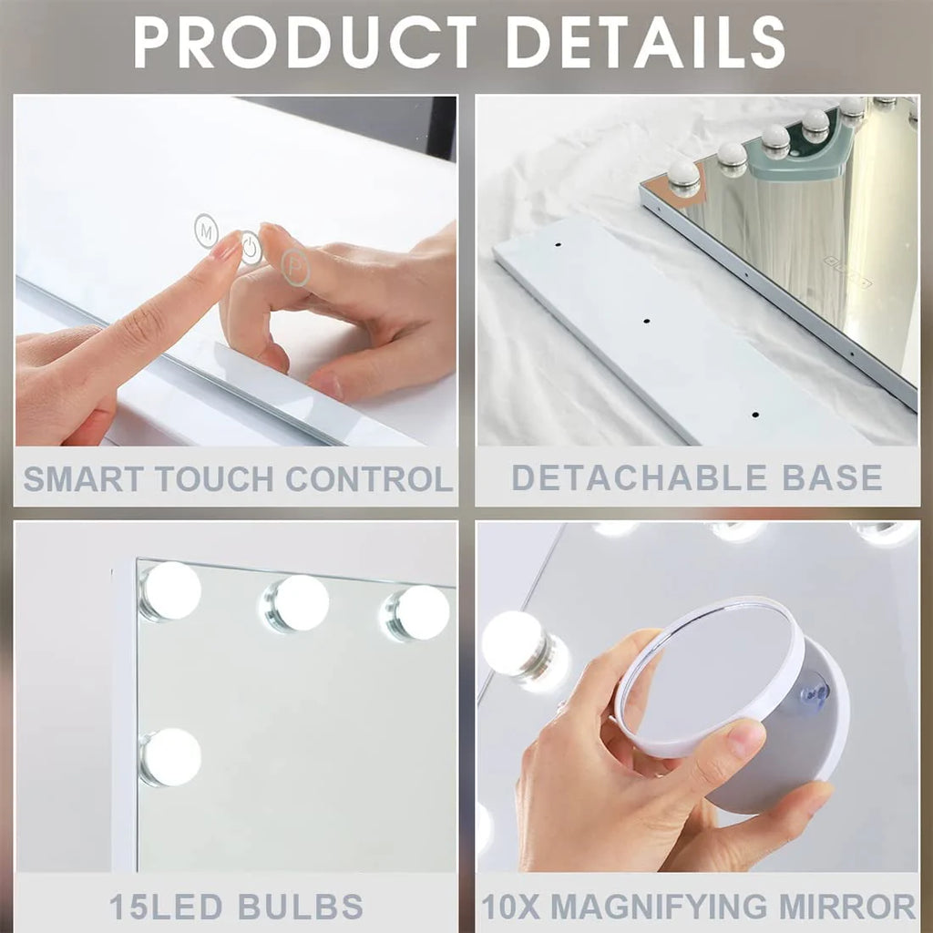 COOLJEEN Grand miroir de courtoisie Hollywood avec éclairage, fixation murale ou sur table, métal blanc