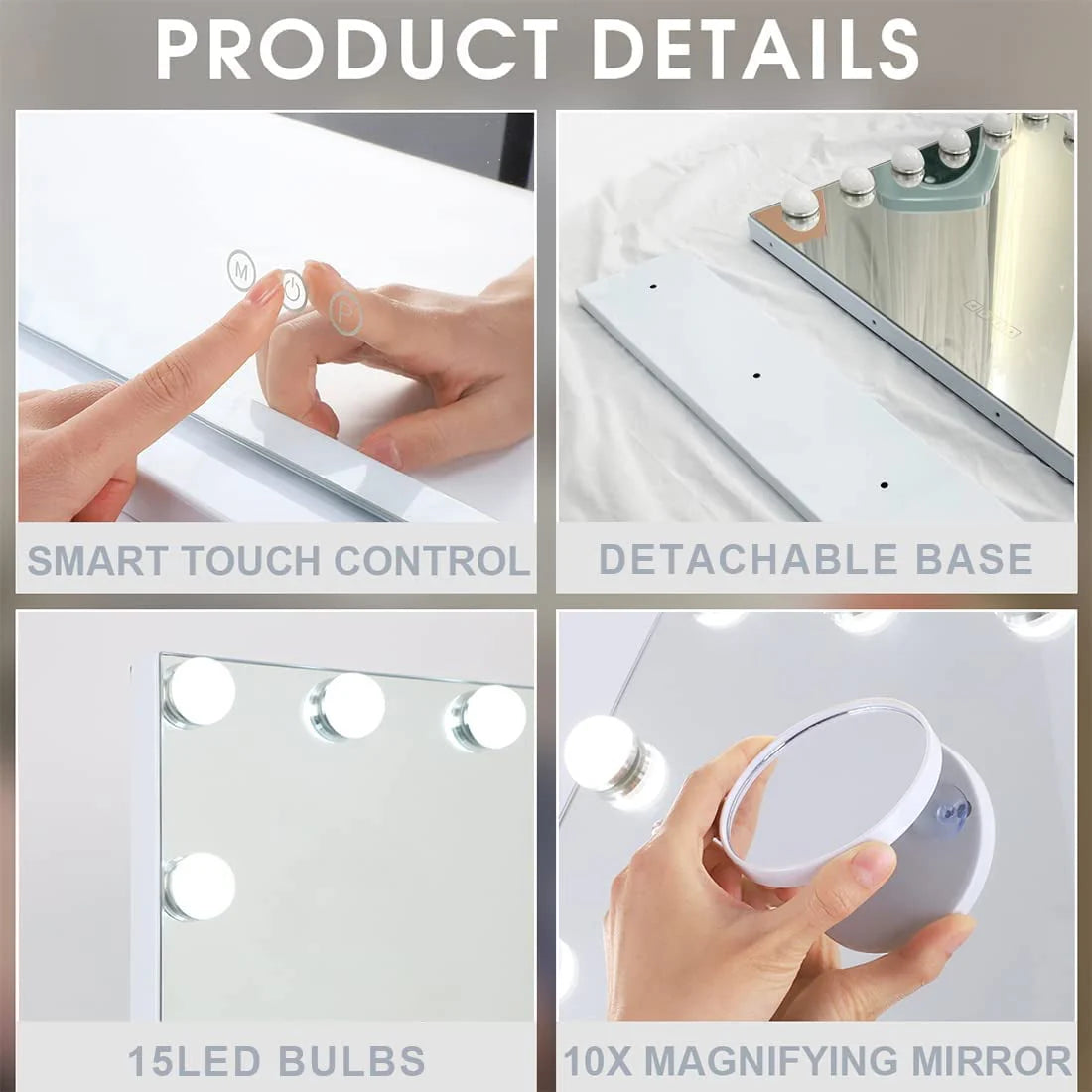 COOLJEEN Grand miroir de courtoisie Hollywood avec éclairage, fixation murale ou sur table, métal blanc