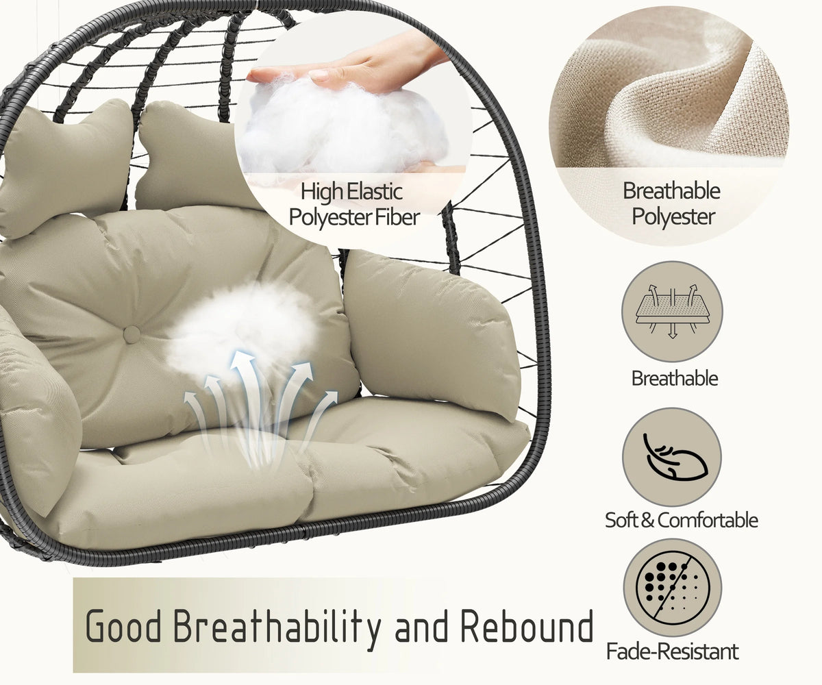 Bifanuo Fauteuil œuf balancelle double en osier, canapé suspendu pliant avec support, coussins amovibles résistants aux UV, capacité de 700 lb pour chambre, balcon (noir et beige)