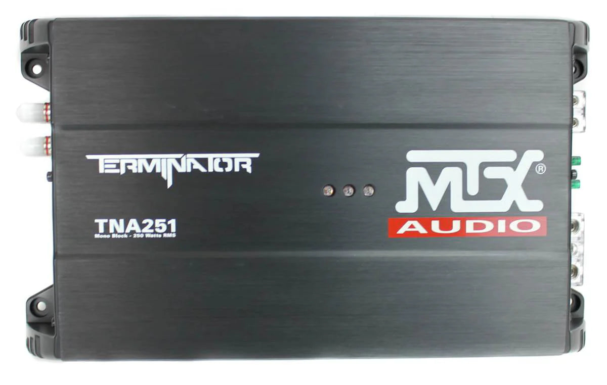 Pack audio MTX comprenant deux caissons de basses pour voiture de 12 pouces, caisson actif et amplificateur avec kit de câblage