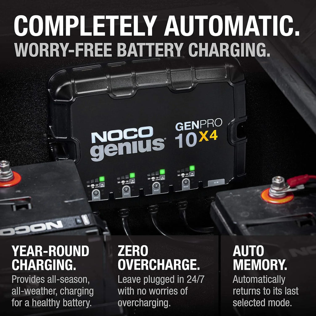 NOCO Genius GENPRO10X4 : Chargeur et mainteneur de charge 12 V à 4 canaux, 40 A (10 A/canal) pour batteries embarquées