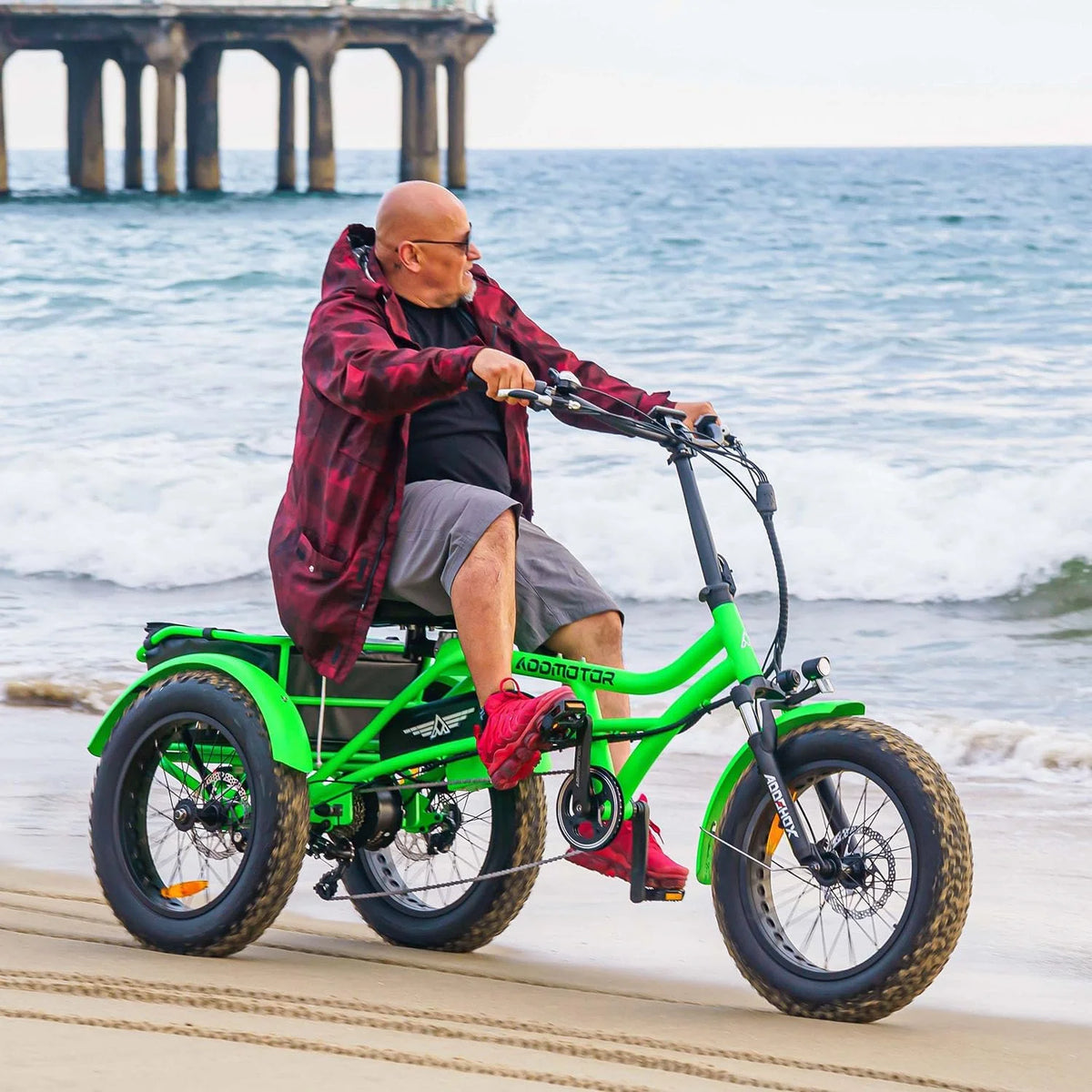 Tricycle électrique semi-allongé Addmotor M-360II, 85 mi, vélo électrique à 3 roues avec pneus larges pour adultes, tricycle électrique 750 W 48 V 20 Ah pour seniors, 20 pouces, avec différentiel de vitesse, vert