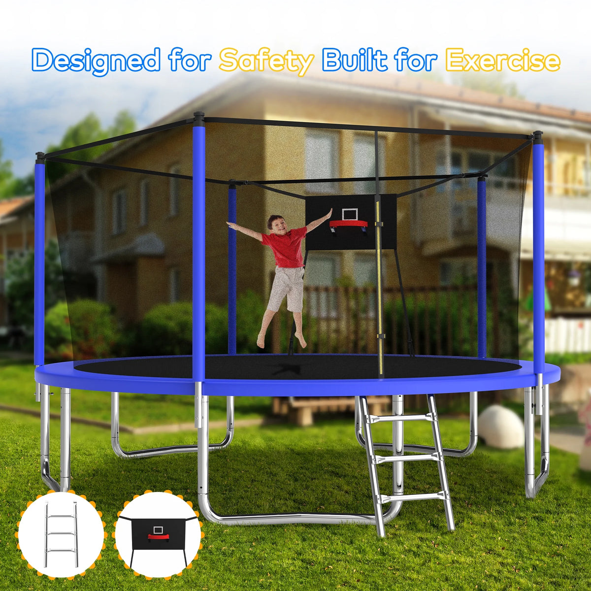 Trampoline de 14 pieds avec panier de basket, trampoline d'extérieur avec filet de protection, bleu
